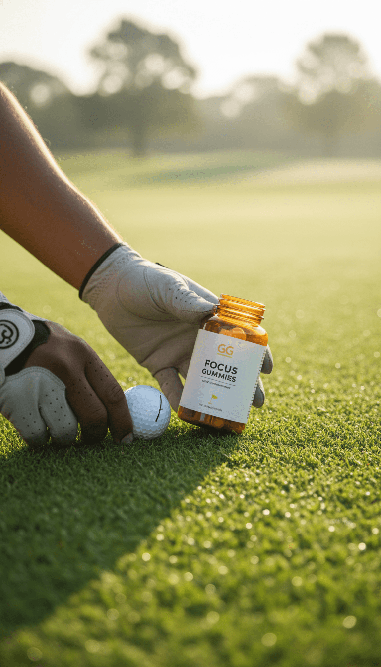 Golfer holding GG golf supplements on the course in morning light