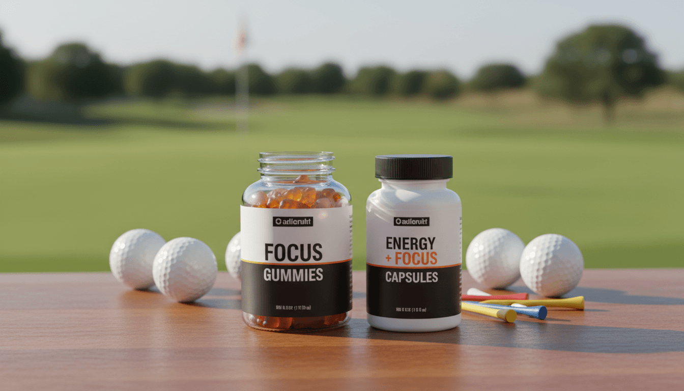 Focus Gummies and Energy + Focus Capsules on golf-themed background.