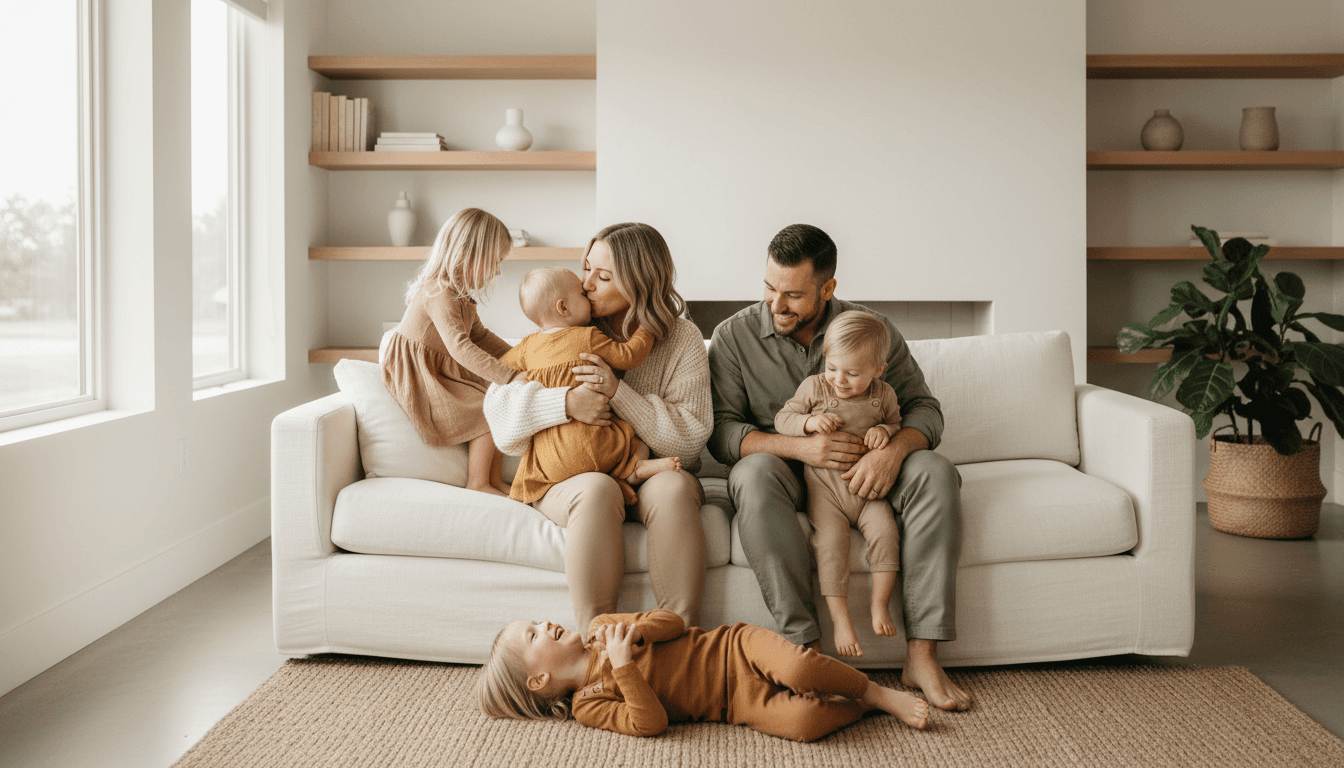 Multi-generational family laughing together on sofa in bright home living room, natural afternoon window light illuminating candid group portrait