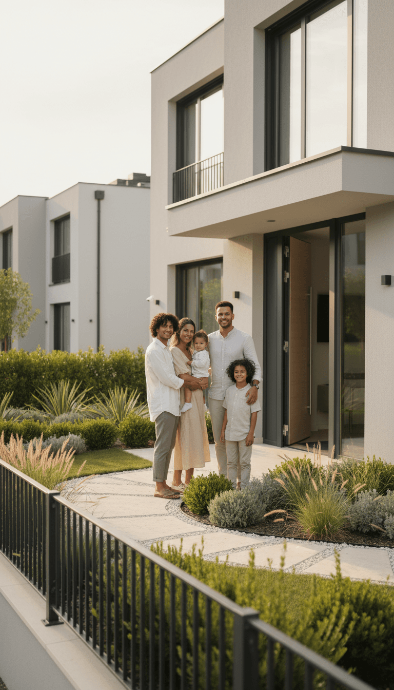 Happy diverse family standing together at their modern villa entrance in a planned residential community with landscaped garden