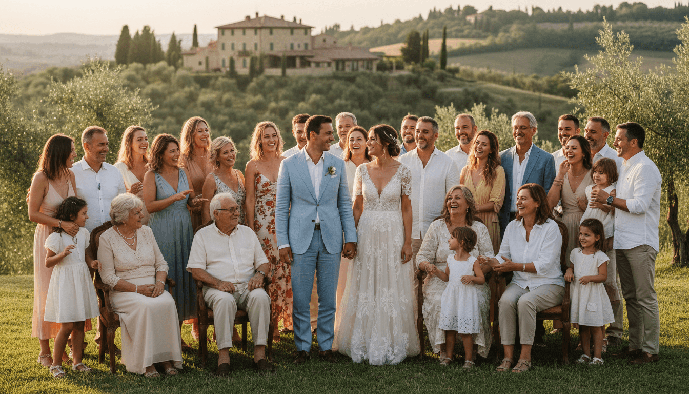 Large extended family group photo with bride and groom centered, outdoor venue setting with natural light