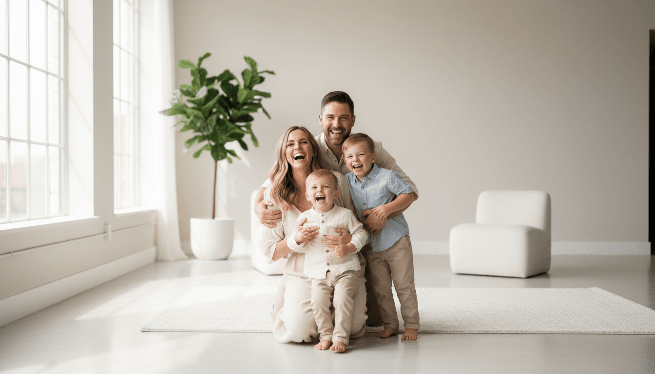Family of four laughing together in bright studio with natural window light, relaxed genuine connection