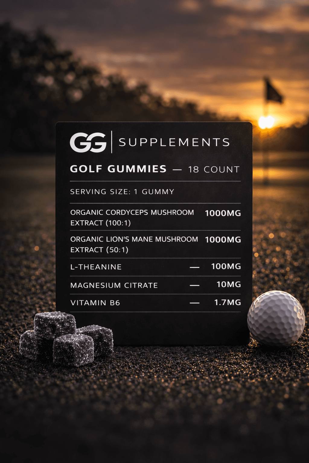 GG Supplements Golf Gummies ingredient card with purple gummies and golf ball at sunset.