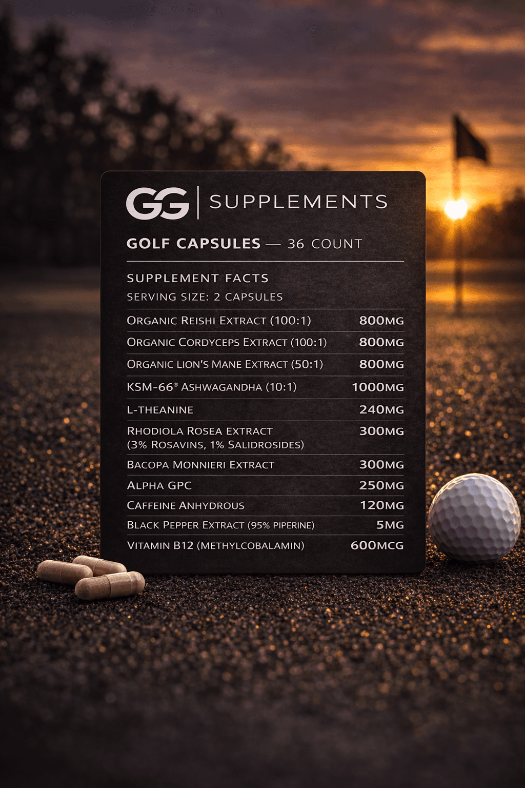 GG Supplements golf capsules ingredient list card on a golf course during a golden sunset.